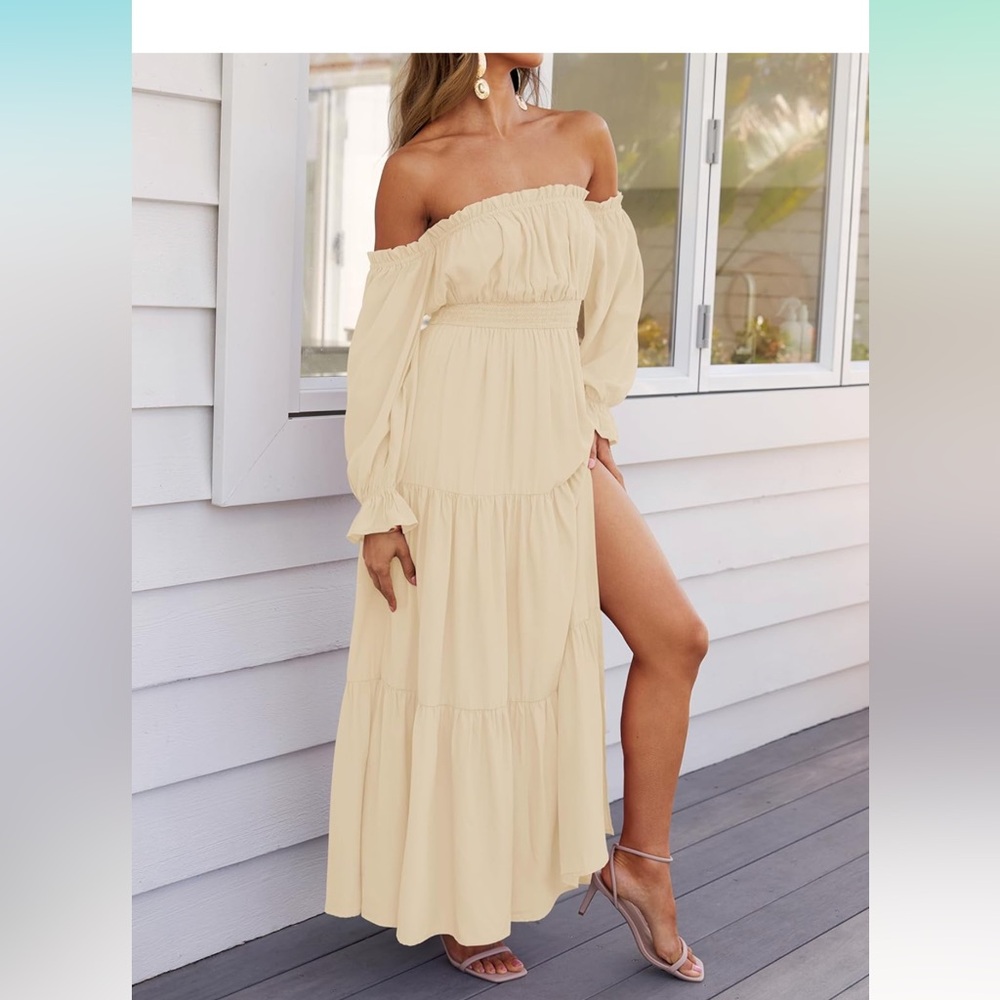 Off Shoulder Long Sleeve Smocked High Waist Side Split Flowy Long Maxi Dress